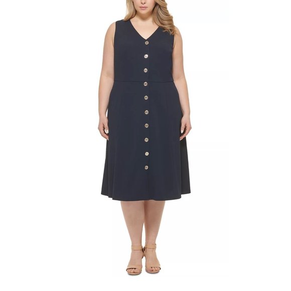 TOMMY HILFIGER Plus Size Button-Front V Neck Midi Dress Navy Blue 18W - Picture 1 of 3